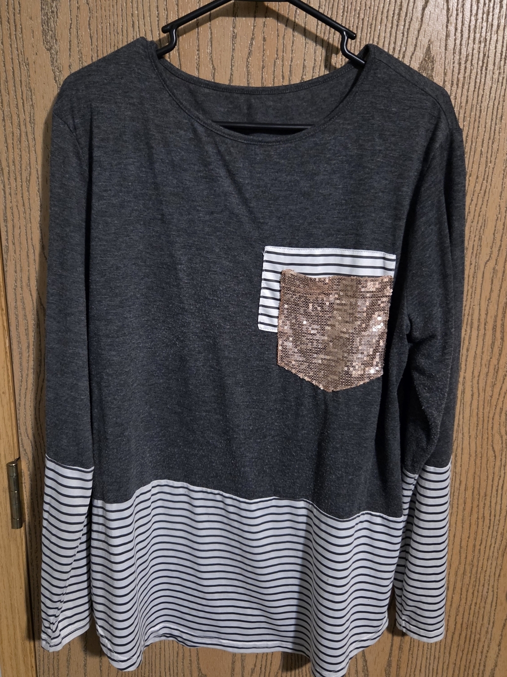 Dark Gray Long Sleeve Top with Striped Hem and Rose Gold Sequin Pocket
